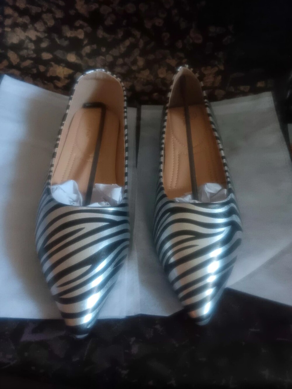 Women’s Zebra-Print Pointed Flats - Black & Silver